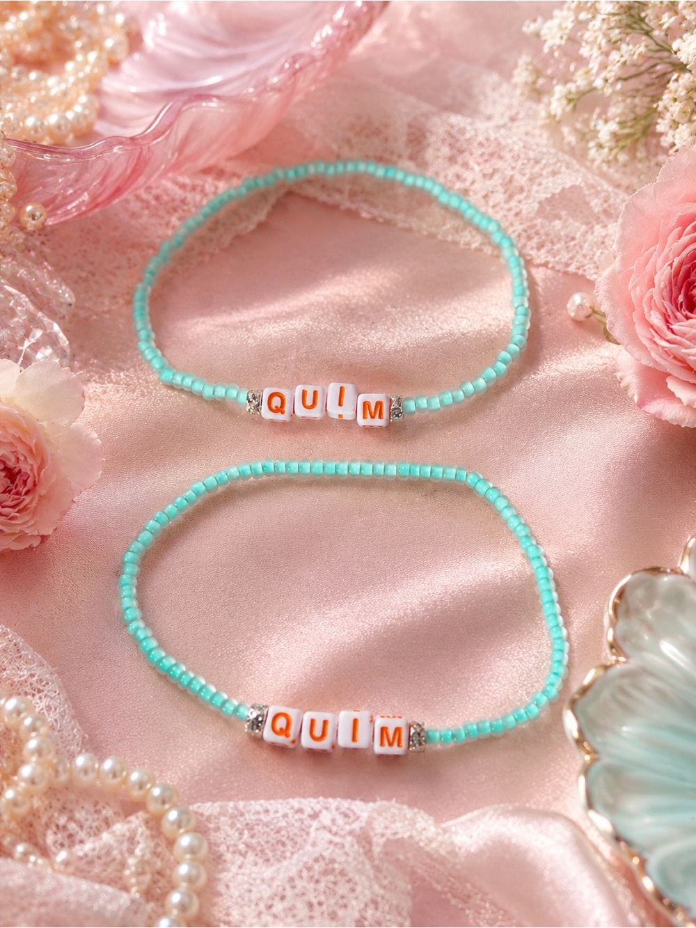Victorian “QUIM” Friendship Bracelet Set – Matching Aqua Beaded Bracelets 9”